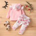 2pcs Baby Girl 95% Cotton Long-sleeve Floral Print Hoodie and Layered Ruffle Trim Pants Set Pink