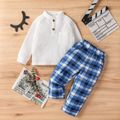 2pcs Toddler Boy Preppy style Button Pocket Design Raglan Sleeve White Shirt and Plaid Pants Set White image 3