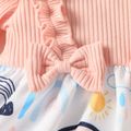 2pcs Baby Girl Pink Rib Knit Ruffle Trim Long-sleeve Spliced Allover Cartoon Print Dress with Headband Set Pink