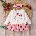 2pcs Baby Girl 95% Cotton Long-sleeve Faux-two Bow Front Graphic Spliced Ruffle Trim Dress with Headband Set Pink image 1