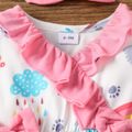2pcs Baby Girl Allover Koala Print Spliced Ruffle Trim Bowknot Long-sleeve Jumpsuit with Headband Set Pink image 4