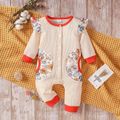 Baby Girl Waffle Textured Spliced Floral Print Ruffle Trim Long-sleeve Button Front Jumpsuit Beige image 1