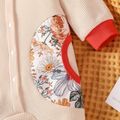 Baby Girl Waffle Textured Spliced Floral Print Ruffle Trim Long-sleeve Button Front Jumpsuit Beige