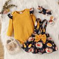 Thanksgiving Day 3pcs Baby Girl 95% Cotton Rib Knit Ruffle Long-sleeve Romper and Allover Print Suspender Skirt with Headband Set Ginger
