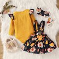 Thanksgiving Day 3pcs Baby Girl 95% Cotton Rib Knit Ruffle Long-sleeve Romper and Allover Print Suspender Skirt with Headband Set Ginger image 2