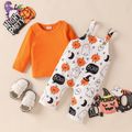 Halloween 2pcs Baby Boy/Girl 95% Cotton Long-sleeve Solid Tee and Allover Print Overalls Set Orange