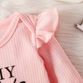 Baby Girl Letter Print Rib Knit Ruffle Long-sleeve Romper Pink