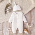 100% Cotton 2pcs Baby Boy/Girl Solid Textured Long-sleeve Button Jumpsuit with Hat Set White image 1