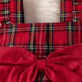 Christmas 2pcs Baby Girl Red Plaid Flutter-sleeve Bow Front Pom Poms Romper with Headband Set Red image 3