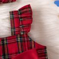 Christmas 2pcs Baby Girl Red Plaid Flutter-sleeve Bow Front Pom Poms Romper with Headband Set Red image 4