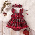 Christmas 2pcs Baby Girl Red Plaid Flutter-sleeve Bow Front Pom Poms Romper with Headband Set Red image 2