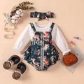 2pcs Baby Girl Faux-two Long-sleeve Allover Animal Print Ruffle Trim Romper with Headband Set Army green image 2