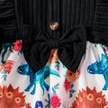 2pcs Baby Girl 95% Cotton Rib Knit Ruffle Trim Bow Front Spliced Allover Dinosaur Print Button Long-sleeve Dress with Headband Set Black image 1