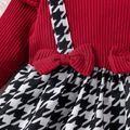 2pcs Baby Girl Houndstooth Spliced Ribbed Ruffle Trim Long-sleeve Dress with Headband Set Burgundy image 4