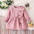 Baby Girl Pink Imitation Knitting Ruffle Trim Button Front Long-sleeve Dress Pink image 1