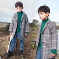 Kid Boy Houndstooth Plaid Double Breasted Lapel Collar Button Design Tweed Coat Grey