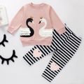 2pcs Swan and Stripe Print Long-sleeve Baby Set Pink image 1