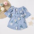 Baby / Toddler Floral Print Striped Off Shoulder Onesies Light Blue