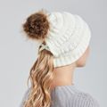 Women Solid Color Fluffy Pompoms Decor Cable Knit Beanie Hat White