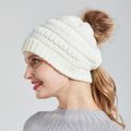 Women Solid Color Fluffy Pompoms Decor Cable Knit Beanie Hat White