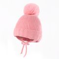 Baby-/Kleinkind-Mütze mit Ohrenschutz aus geripptem Strick zum Schnüren rosa image 4