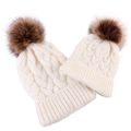 Big Fur Ball Decor Cable Knitted Beanie Hat for Mom and Me White