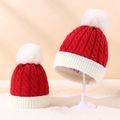 Christmas Pom Pom Decor Cable Knit Beanie Hat for Mom and Me Red/White image 1