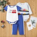 3pcs Baby Boy Short-sleeve Vehicle Stripe Print Cotton Baby's Sets Blue