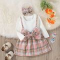 Baby 2pcs White Ribbed Splicing Pink Plaid Bowknot Long-sleeve Faux-two Dress Set Light Pink image 1