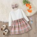 Baby 2pcs White Ribbed Splicing Pink Plaid Bowknot Long-sleeve Faux-two Dress Set Light Pink image 2