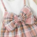 Baby 2pcs White Ribbed Splicing Pink Plaid Bowknot Long-sleeve Faux-two Dress Set Light Pink image 3