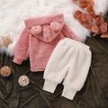 2pcs Baby Solid 3D Ears Hooded Pom Poms Long-sleeve Thickened Fuzzy Fleece Outwear and Trousers Set Pink