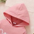 Baby Letter Print Solid Long-sleeve Hooded Waffle Jumpsuit Pink