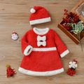Christmas 2pcs Baby Santa Outfits Red Thickened Fuzzy Fleece Long-sleeve Dress Set Red