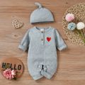 2-piece Baby Girl Heart Embroidered Button Design Ribbed Long-sleeve Jumpsuit and Knotted Cap Set Grey