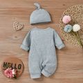 2-piece Baby Girl Heart Embroidered Button Design Ribbed Long-sleeve Jumpsuit and Knotted Cap Set Grey