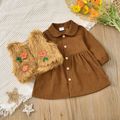 2pcs Baby Brown Corduroy Long-sleeve Dress and Fuzzy Faux Fur Vest Set Brown image 2