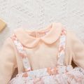 Baby Girl Light Pink Waffle Doll Collar Long-sleeve Splicing Lace Floral Print Faux-two Romper Dress Light Pink