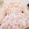 Baby Girl Light Pink Waffle Doll Collar Long-sleeve Splicing Lace Floral Print Faux-two Romper Dress Light Pink