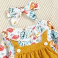 100% Cotton 2pcs Baby Girl Floral Print Ruffle Collar Long-sleeve Splicing Corduroy Faux-two Romper Set Ginger