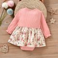 Baby Girl Pink Ribbed Splicing Floral Print Bowknot Long-sleeve Romper Dress Pink