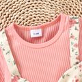 Baby Girl Pink Ribbed Splicing Floral Print Bowknot Long-sleeve Romper Dress Pink