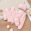 3pcs Baby Boy/Girl Long-sleeve Button Down Romper with Trousers and Hat Set Pink