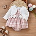 Baby Girl Ribbed Bowknot Long-sleeve Ruffle Faux-two Plaid Romper Dress Pink