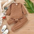 2pcs Baby Boy/Girl Ribbed Long-sleeve Solid/Striped Romper and Trousers Set Brown