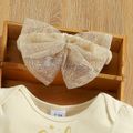 2pcs Letter and Stars Print Mesh Layered Short-sleeve Apricot Baby Romper with Headband Set Apricot image 3