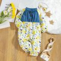 2pcs Baby Girl Button Up Denim Splicing Floral Print Long-sleeve Jumpsuit with Headband Set Blue