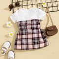 Baby Girl Ribbed Short-sleeve Splicing Plaid Belted Faux-two Dress White