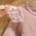 Baby Girl Pink Ribbed Long-sleeve Bowknot Floral Embroidered Mesh Dress Pink image 4