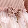 Baby Girl Pink Ribbed Long-sleeve Bowknot Floral Embroidered Mesh Dress Pink